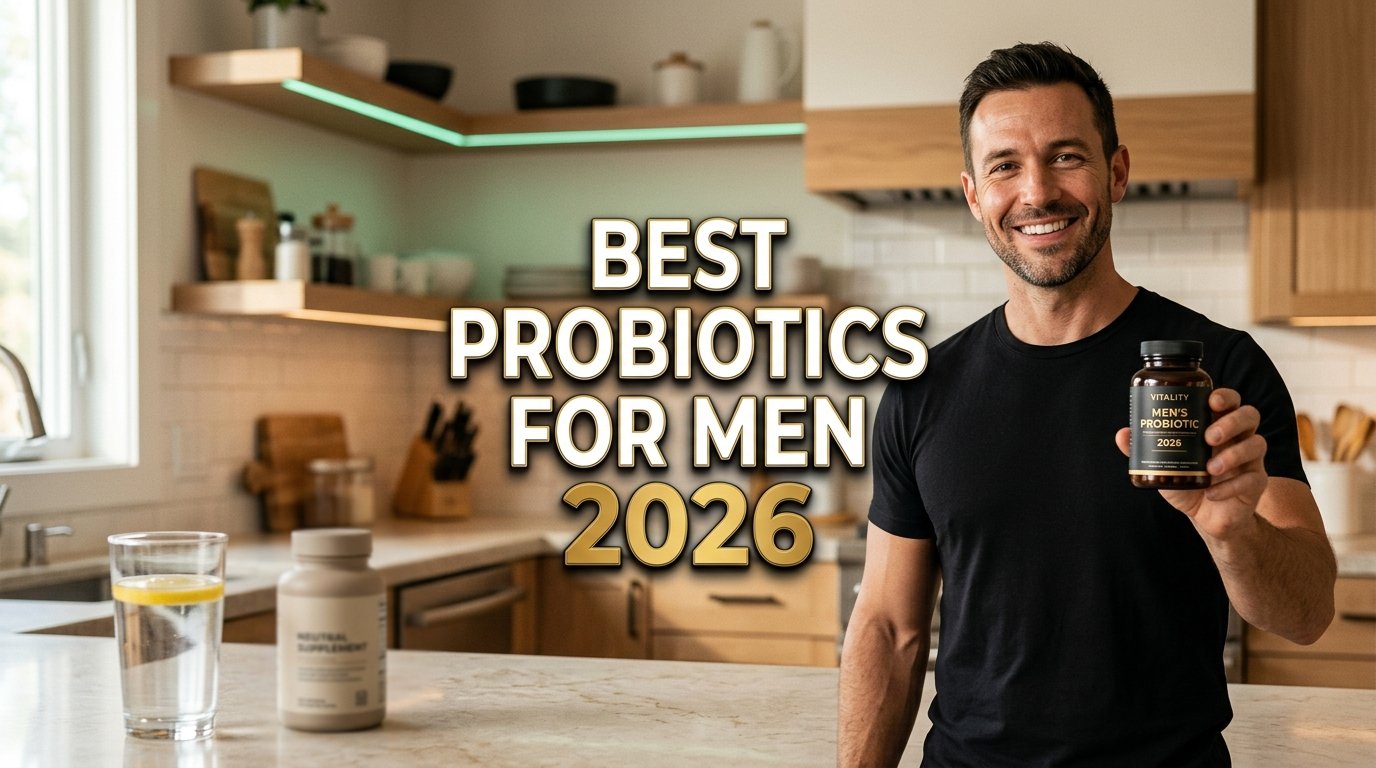 best probiotics for men supplement bottle on kitchen counter